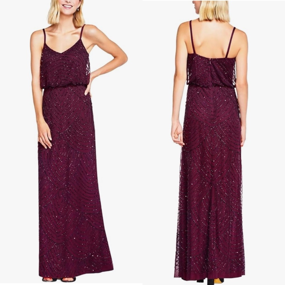 Adrianna Papell Beaded Blouson Art Deco Maxi Dress Evening Gown Prom Wedding